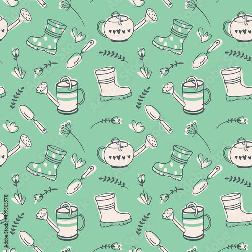 Spring seamless pattern with cute garden tools. Repeating background with watering can, shovel, rubber boots and flowers. Gardening concept. Hand drawn vector illustration