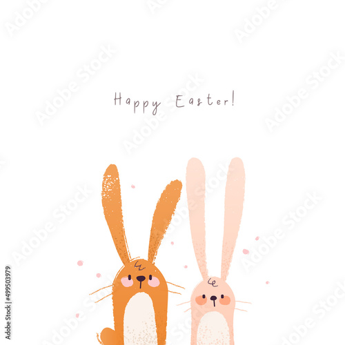 Happy easter cute bunny illustration. Hand draw funny card with rabbit in cartoon style. Vector