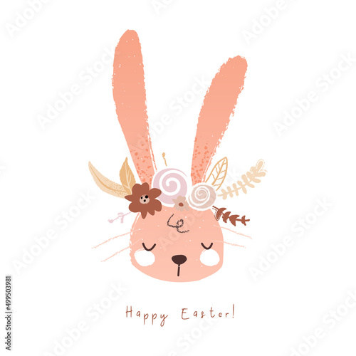 Happy easter bunny face with flowers. Hand drawn illustration with rabbit head in cartoon style. Vector