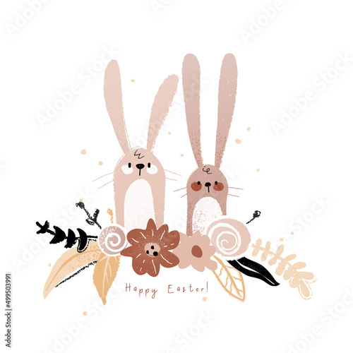 Happy easter cute bunny illustration. Hand drawn funny card with rabbit in cartoon style. Vector