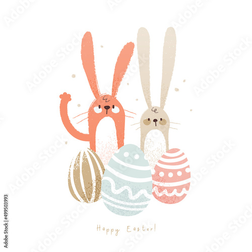 Happy easter cute bunny illustration. Hand drawn funny card with rabbit in cartoon style. Vector