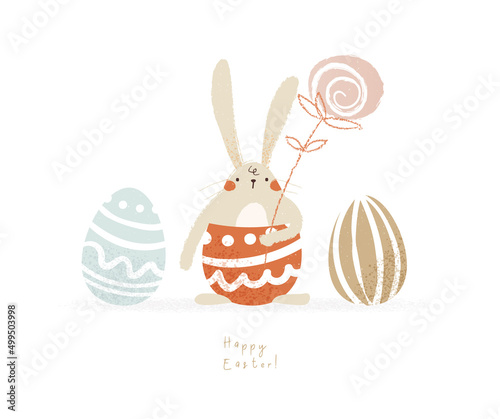 Happy easter cute bunny illustration. Hand drawn funny card with rabbit in cartoon style. Vector