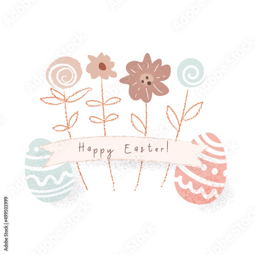 Happy easter cute illustration with eggs and flowers. Hand drawn elegant card. Vector