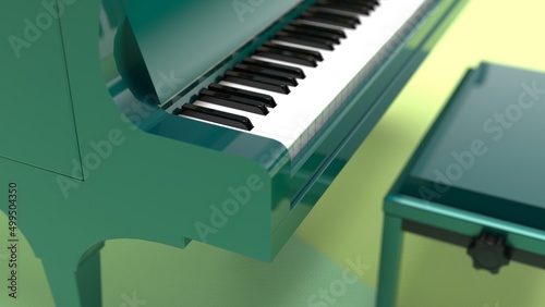 Deep Green Grand Piano under soft green-yellow background. 3D illustration. 3D CG. 3D high quality rendering.  