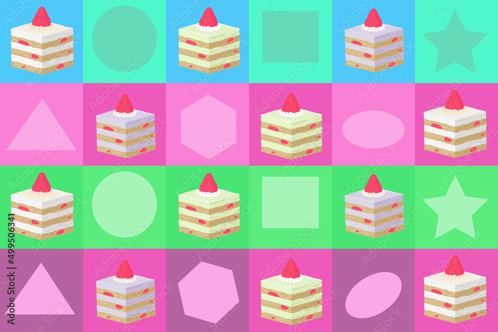 Cake is a fabric pattern or wallpaper in alternating colors with various shapes in spaces. Cake is a fabric pattern or wallpaper in alternating colors with various shapes in spaces.