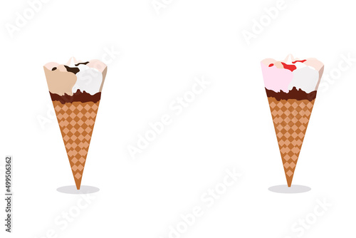 Two different flavors of ice cream cones, chocolate and strawberry on opposite sides, with a space in the middle to put a message.