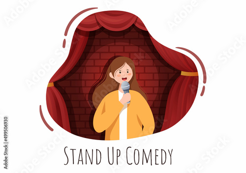 Stand Up Comedy Show Theater Scene with Red Curtains and Open Microphone to Comedian Performing on Stage in Flat Style Cartoon Illustration