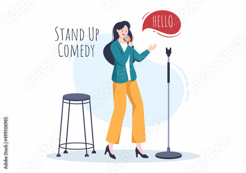 Stand Up Comedy Show Theater Scene with Red Curtains and Open Microphone to Comedian Performing on Stage in Flat Style Cartoon Illustration