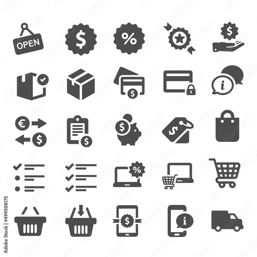 Shopping icons, set shop sign e-commerce for web development apps and websites Shopping icons, set shop sign e-commerce for web development apps and websites