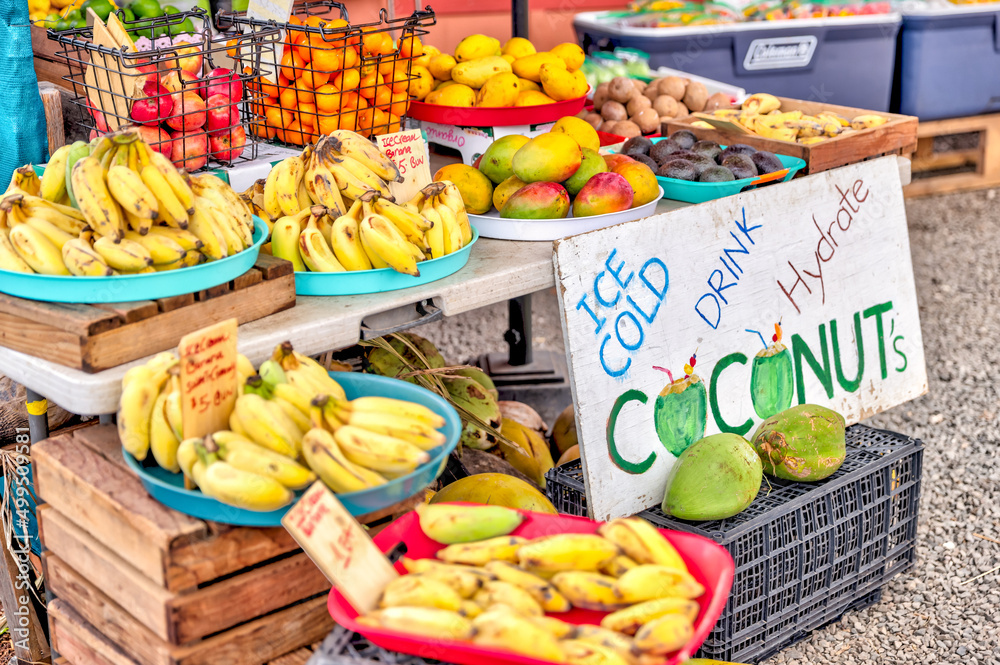 Assorted fruits on display at a roadside market on the east side of Oahu Assorted fruits on display at a roadside market on the east side of Oahu