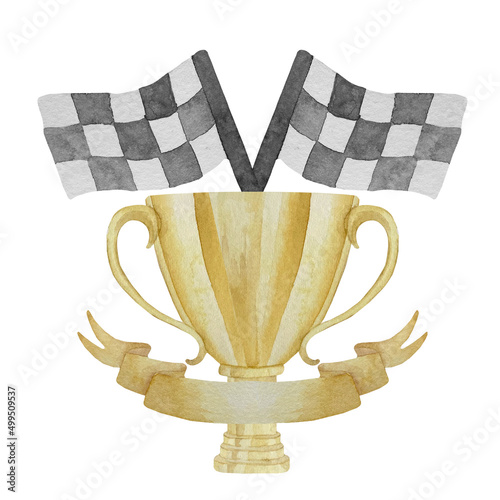 Watercolor hand drawn golden yellow sport prize cup for winner, first place, victory isolated on white.