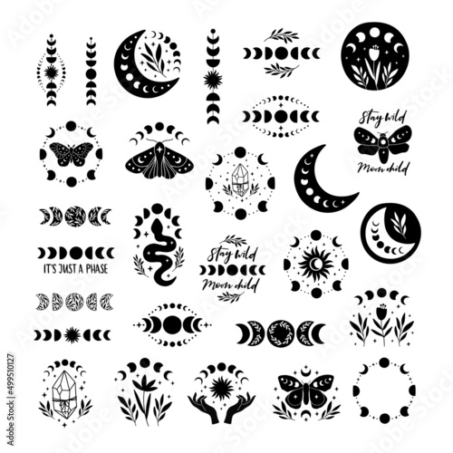 Boho moon phase vector illustration set. Celestial hand drawn symbol with floral, butterfly, witch crystal, snake on white background. Mystical t shirt print, poster, logo, magic sticker, tattoo.