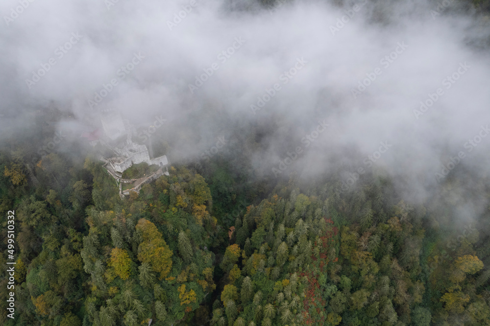 Zilkale Castle in the Fog Drone Photo, Kackar Mountains Camlihemsin, Rize Turkey