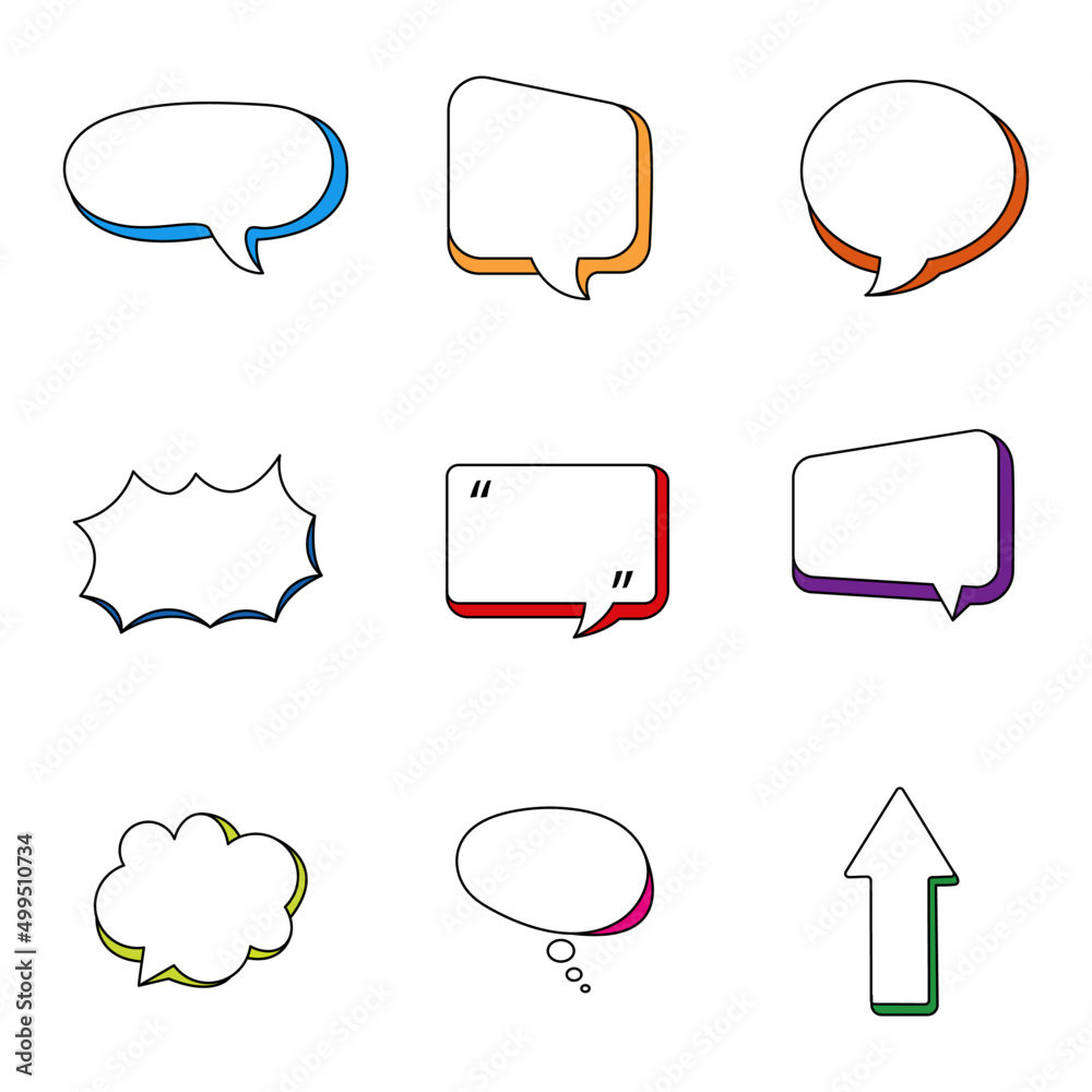 Set of speak bubble text, chatting box, message box outline cartoon vector illustration design. Balloon doodle style of thinking sign symbol. Set of speak bubble text, chatting box, message box outline cartoon vector illustration design. Balloon doodle style of thinking sign symbol.