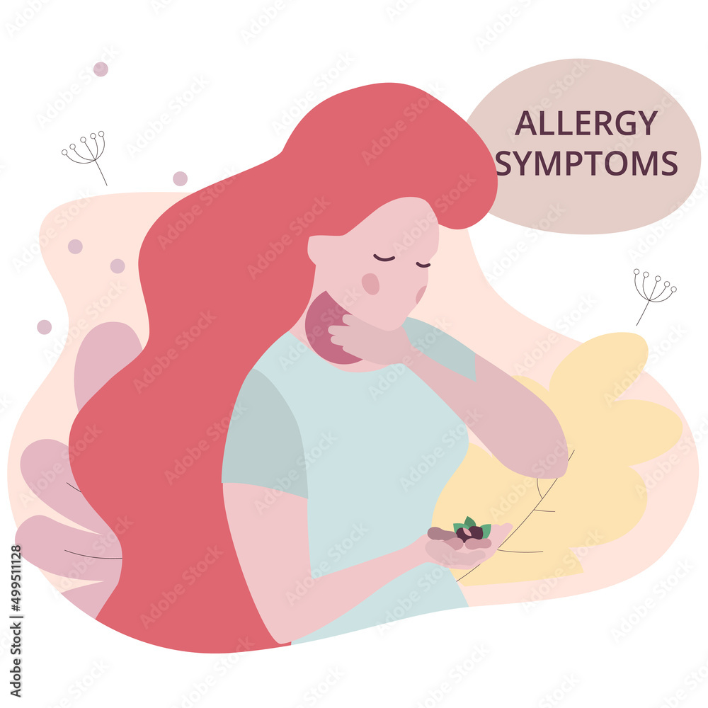 Seasonal allergy. woman with a sore throat. Itchy throat, allergies and nuts Seasonal allergy. woman with a sore throat. Itchy throat, allergies and nuts