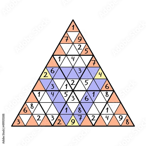 Big triangular sudoku number game vector illustration. Logical math puzzle with numbers for children vector. Colorful unusual sudoku pyramid isolated on white background