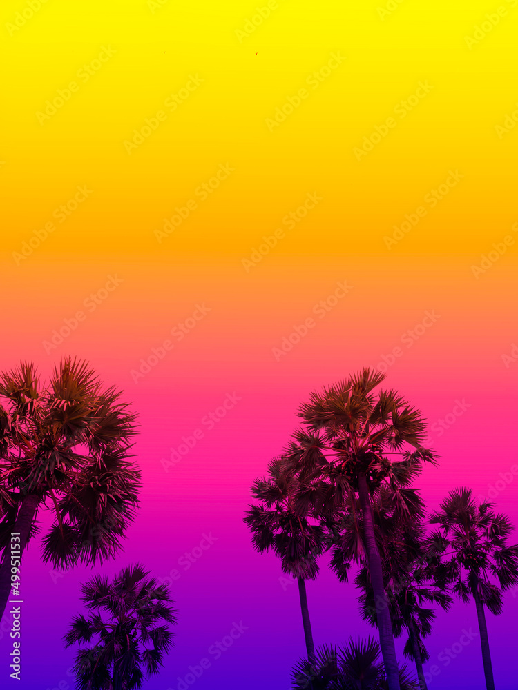 Coconut palm trees silhouette on summer colorful sky, beautiful tropical background with copy space, vertical style. Summer holiday and travel vacation concept.