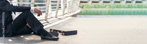 Banner Failure businessman unemployed jobless recession crisis stress and lose job. Panorama Despair Failure bankruptcy businesspeople in middle aged depressed failed situation wide with copy space