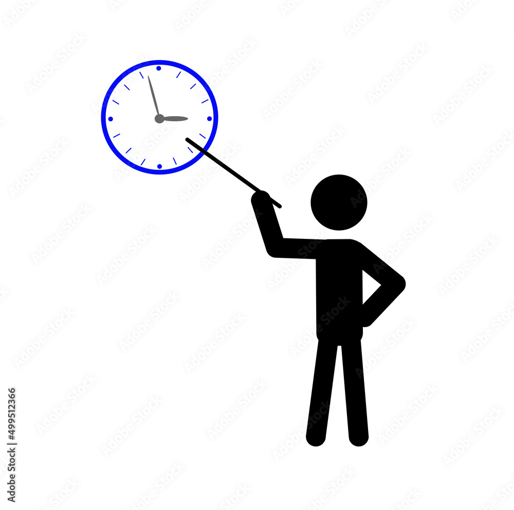 A young teacher with a pointer shows a clock showing how much time is