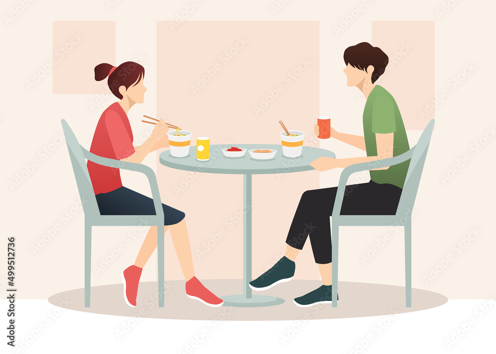 Vector illustration of Korean couple eating ramen noodles and kimchi Vector illustration of Korean couple eating ramen noodles and kimchi