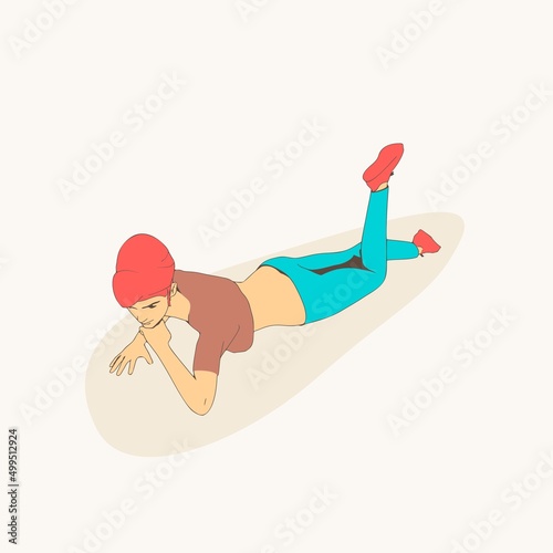 Lying woman. Sport girl illustration. Casual sportwear - t-shirt, breeches and sneakers. Young woman wearing workout clothes. Sport fashion girl outline in urban casual style.
