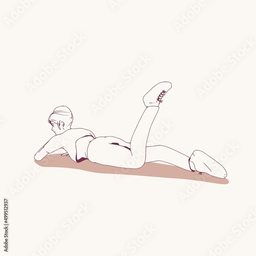 Lying woman. Sport girl illustration. Casual sportwear - t-shirt, breeches and sneakers. Young woman wearing workout clothes. Sport fashion girl outline in urban casual style. Back view