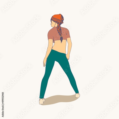 Standing woman. Sport girl illustration. Casual sportwear - t-shirt, breeches and sneakers. Young woman wearing workout clothes. Sport fashion girl outline in urban casual style. Back view