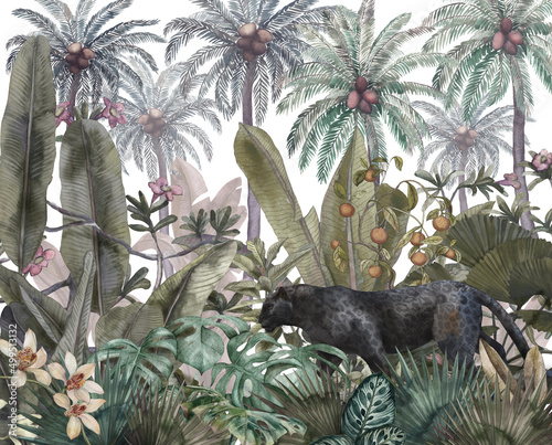 Fototapeta namalowana tropikalna dżungla z czarną panterą