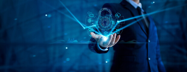 Cyber security network. Internet network security. Padlock icon and internet technology. Businessman protecting data personal information on  virtual interface. Data protection privacy concept.