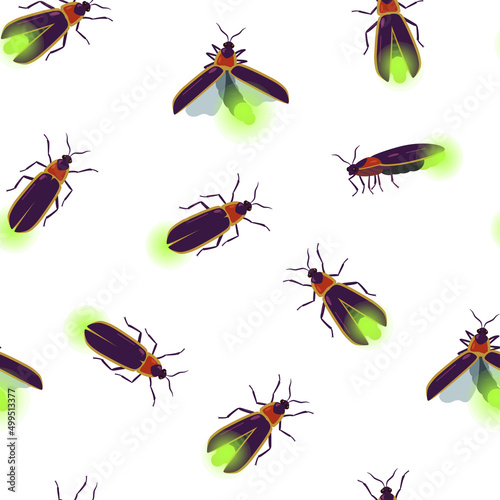 Seamless pattern with firefly beetle flying with different angles for textile and design.