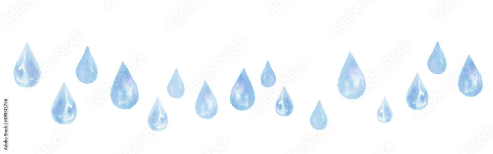 イラスト素材 手描きの水彩絵の具のにじみのある無数の雫 バナー 青色 Stock Illustration Adobe Stock