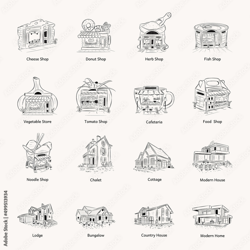 Set of Buildings Hand Drawn Illustrations 