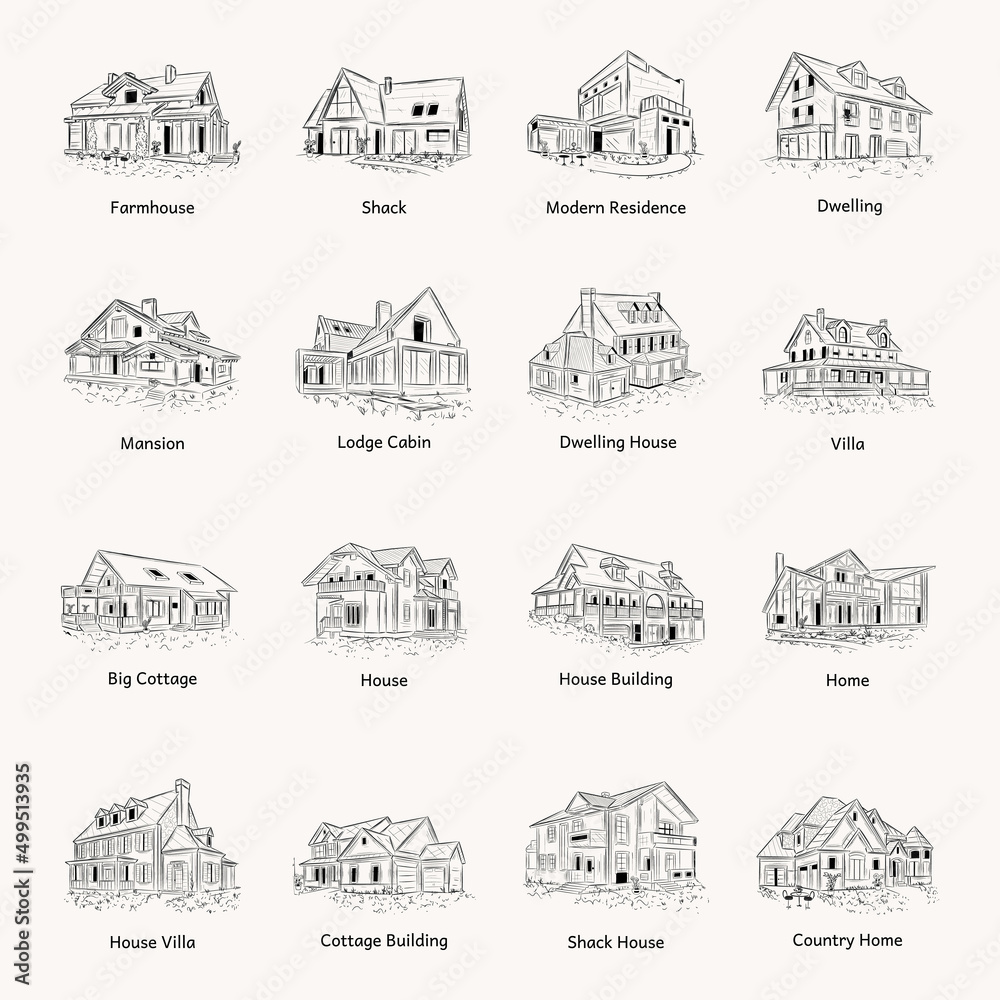 Collection of Residential Buildings Hand Drawn Illustrations 