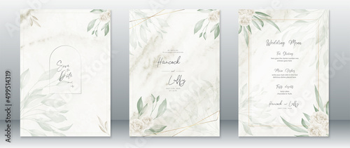 Green wedding invitation card template elegant of watercolor background with leaf and gold line