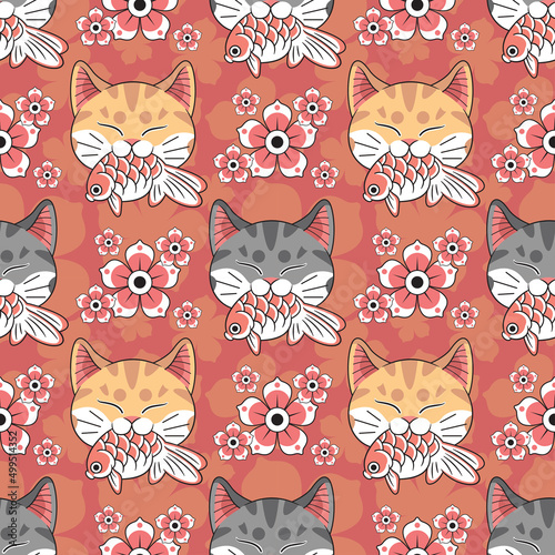 JAPANESE STYLE GREY AND ORANGE CAT IS BITING A KOI FISH WITH FLOWERS SEAMLESS PATTERN DESIGN.
