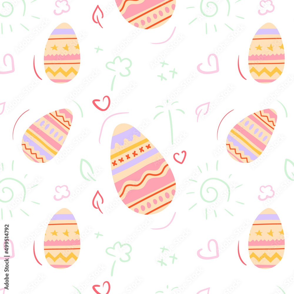 Cute doodle hand drawn easter spring egg shape seamless pattern in pastel colors