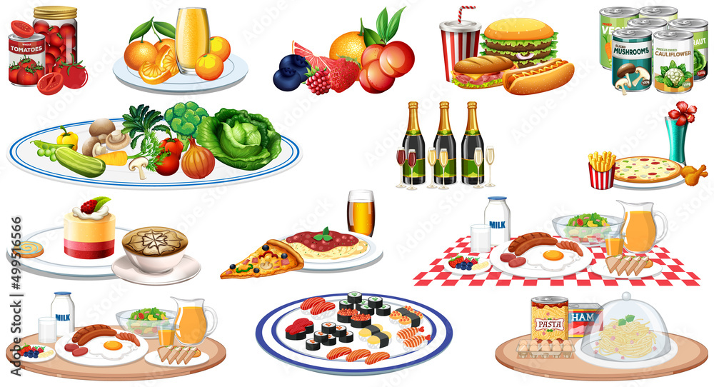Set of different foods and beverages