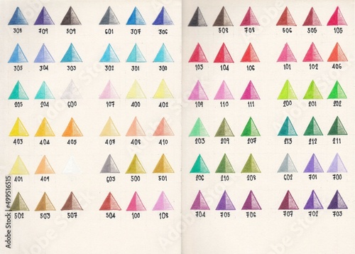 Colleen brand 72 colored pencils palette(series 775) hand-drawn swatch color chart drawing and painting on eye care paper with Copy Space for Image and Text ; Use reference to Art Data illustration