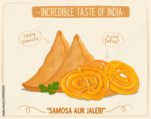 Indian food Samosa and Jalebi vector illustration