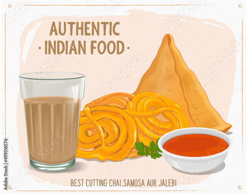 Samosa, Tea and Jalebi Vector illustration with Red Souce 