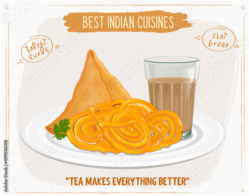 Samosa Jalebi and Tea Glass Indian food  Vector Illustration 