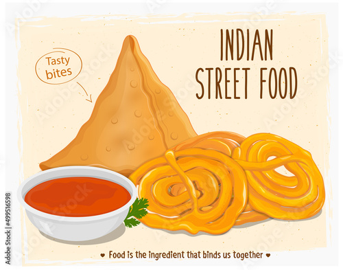 Samosa and Jalebi Indian Street food vector illustration with Red Souce Bowl isolated on white background