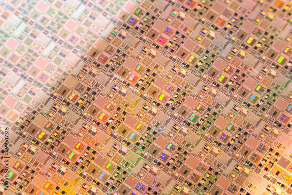 Naklejka premium Silicon wafer semiconductor with neon color, integrated circuits to manufacture CPU and GPU