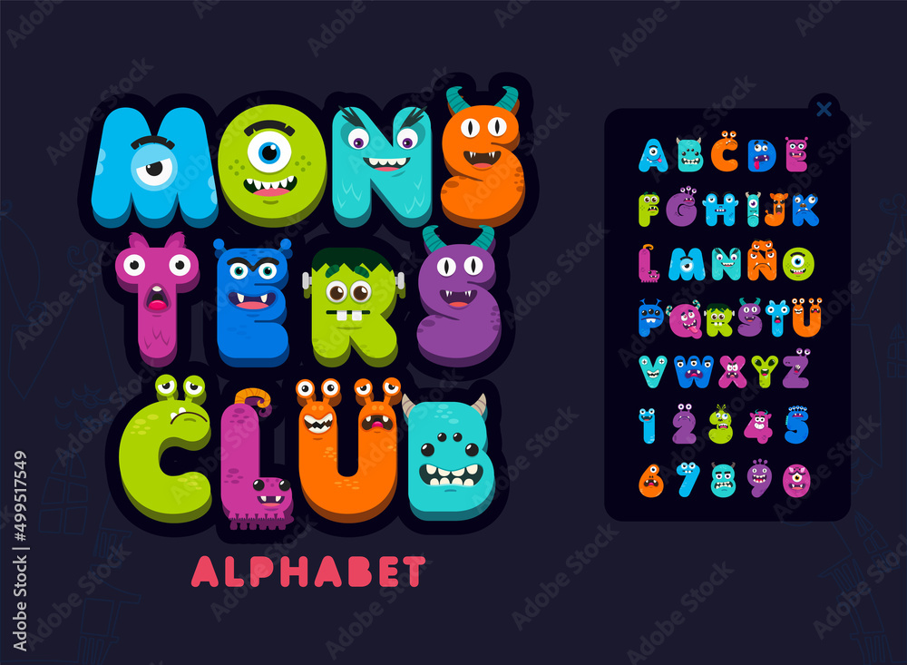 Cartoon monsters alphabet set icons. Funny monster letter and numbers set.