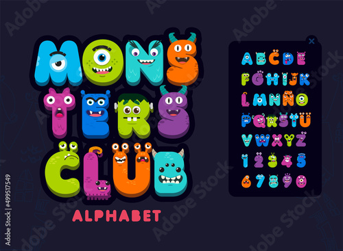 Cartoon monsters alphabet set icons. Funny monster letter and numbers set.