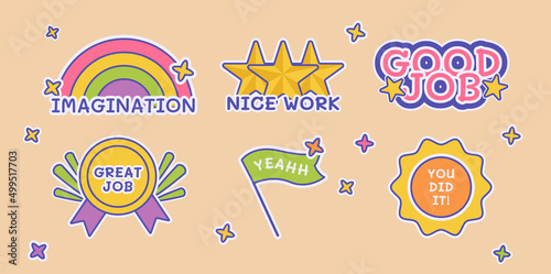 Nice job sticker pack icon illustration, imagination writing, good job, pink background decorated with little stars with colorful characters.