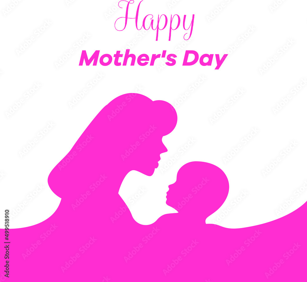 Pink silhouette of mother holding her child. Happy mother's day. Colored flat graphic vector illustration isolated on white background.