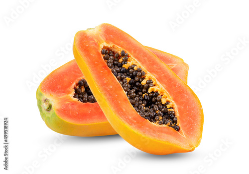 half of ripe papaya fruit with seeds isolated on white