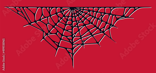 Spider web isolated on red background. Spooky Halloween cobwebs with red threads. Outline vector illustration