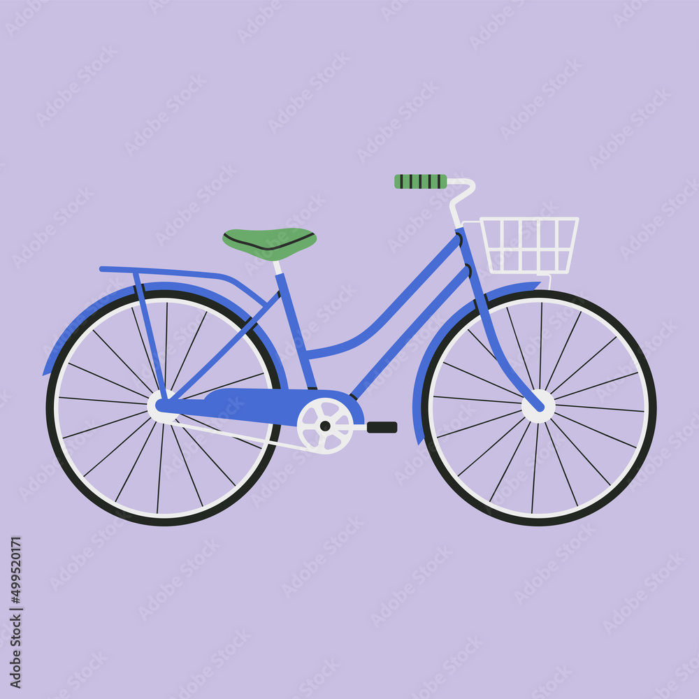 Colorful poster with a bicycle. Stylish bike with a basket. Sport, city lifestyle, environmentally friendly transport. Social media design, banner, greeting card. Cute hand drawn vector illustration.